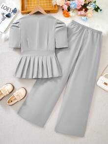 Elladie kids Teen Girl Solid Color Regular Shoulder Puff Sleeve Ruffle Hem Elegant Summer T-Shirt Set - Light Grey - View 2
