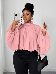 Maweii Blusa elegante de unicolor con volantes y mangas farol para tallas grandes, otoño - Rosa - Ver 2