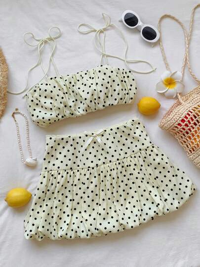 Comfortcana 女士波点吊带背心搭配蝴蝶装饰碎花裙，时尚约会套装