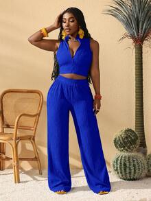 Slaydiva 春夏新款音乐节、复活节、纳什维尔、生日派对、毕业典礼、学生装、日常休闲、百搭、休闲、邮轮旅行、海滩、日光浴、极简休闲、运动、前拉链、纹理面料女士套装 - 寶藍色 - 查看 6