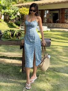 SHEIN VCAY 碎花前打結高衩吊帶連衣裙 - 霧霾藍 - 查看 6