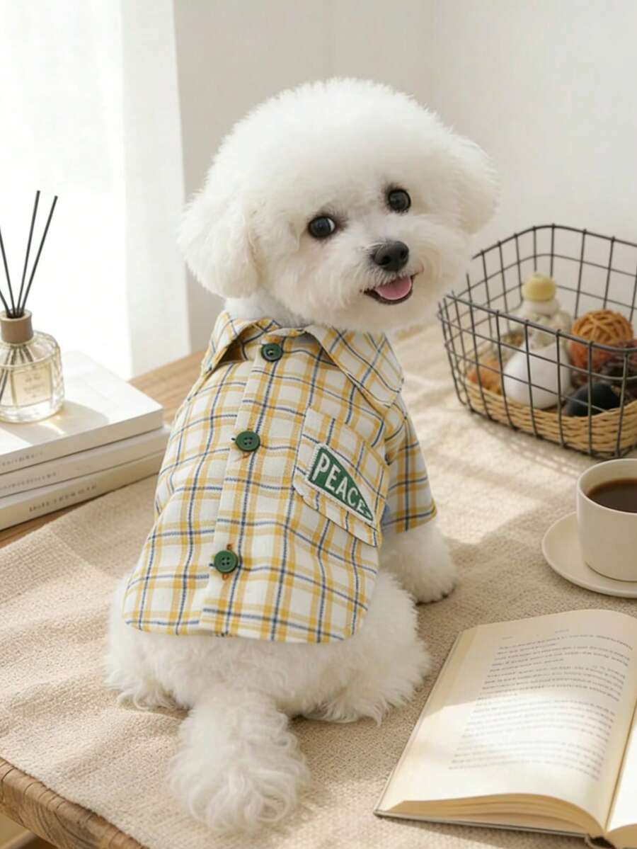 PETSIN 1件宠物服装，猫狗通用格子衬衫，春夏薄款后背纽扣式两脚衬衫 - 黃色 - 查看 1