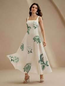 Anewsta Petite 女士优雅印花 A 字连衣裙，3D 立体花朵装饰，休闲日常穿着，适合日常、度假、海滩等场合。 - 綠色 - 查看 6