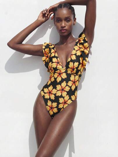 Maija Traje de baño de una pieza con cuello en V profundo y estampado floral, adecuado para vacaciones en la playa, fiestas en la piscina y fiestas en la playa