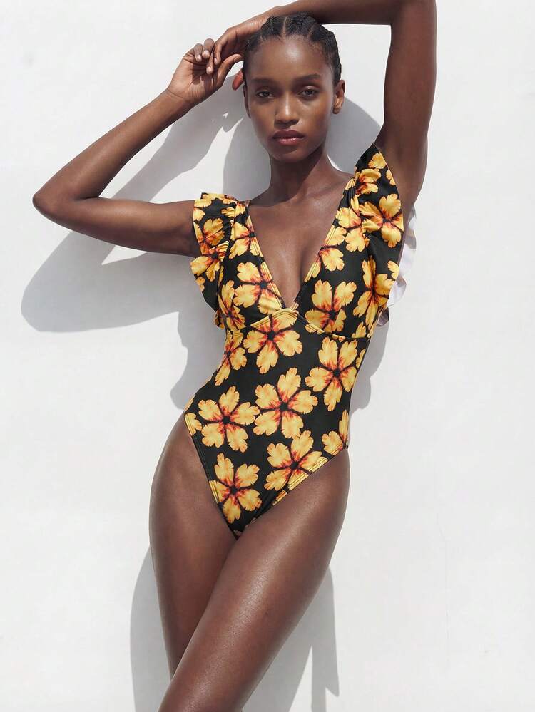 SHEIN Maija Women's Floral Print Deep V-Neck One-Piece Swimsuit, Suitable For Beach Vacation, Pool Party, Beach Party One Piece Swimsuit Floral Swimsuit Ruffle Strap Swimsuit Flower Bathing Suit V-Neck Swimsuit Floral One Piece Swimsuit Women's Swimsuits Bathing Suit With Ruffle Sleeves Women's One Piece Swimsuit Women's Floral Bathing Suit One Piece Swimsuit Women