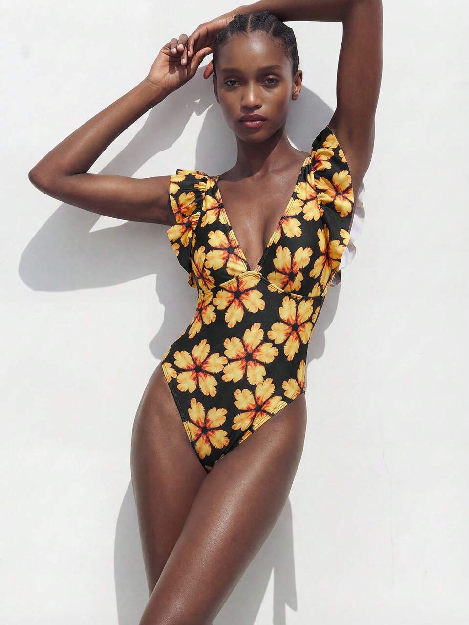 SHEIN Maija Women's Floral Print Deep V-Neck One-Piece Swimsuit,Black,Summer,Boho,Beach Party,Holiday Ruffle Strap Flower Bathing Suit Suitable For Pool Party