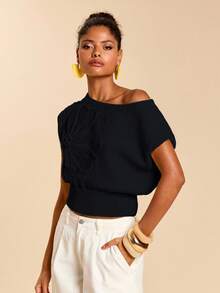 Travachic 女士休闲纯色印花露肩针织上衣，夏季 - 黑色 - 查看 4