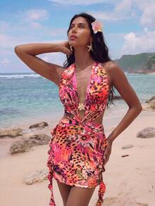 Nevyona 女士时尚豹纹露背吊带荷叶边迷你连衣裙，夏季 - 彩色 - 查看 5