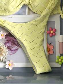 Swim Mod 女士提花面料吊带比基尼套装，适合春夏度假 - 黃色 - 查看 5