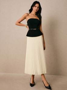 Poéselle 女士修身黑色抹胸上衣和米色百褶裙优雅两件套 - 杏色 - 查看 5