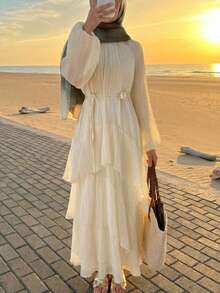 Solavon 新款褶皱多层荷叶边腰带飘逸沙滩裙 - 杏色 - 查看 2