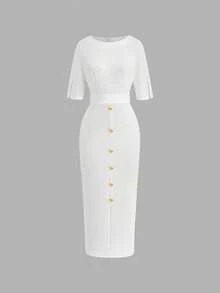 Balvessa Vestido elegante de Body ceñido con botones, cintura dividida y cinco mangas, adecuado para uso diario, vacaciones, salidas y fiestas, primavera/verano - Blanco - Ver 5