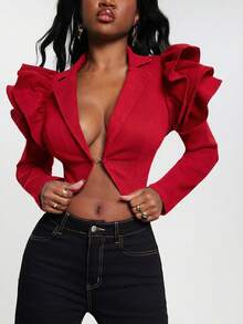 NYA SZN Destiny 短款拼接长袖牛仔外套，荷叶边袖，弹力深色水洗，适合办公室、商务休闲、日常穿着、音乐会、西部牛仔、特殊活动、派对等场合，尽显优雅气质，是秋冬季节嘉年华的理想之选。 - 紅色 - 查看 2