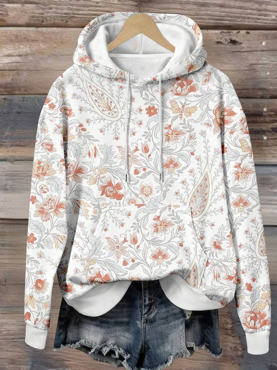 EMERY ROSE Women's Hooded Sweatshirt, Floral Print Pattern Design, Comfortable Casual Pullover, Suitable For Outdoor Activities, Autumn - Light Grey - View 1
