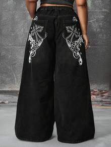 ROMWE Grunge Punk Jeans rectos de talla grande para mujer, extra largos, con lavado desgastado, estampado de cruz y vid, estilo punk - Negro - Ver 1
