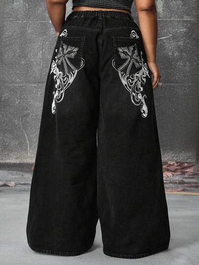 ROMWE Grunge Punk Summer Outfits Punk Distressed Cross & Vine Washed Plus Size Straight Leg Extra Long Plus Size Women Jeans