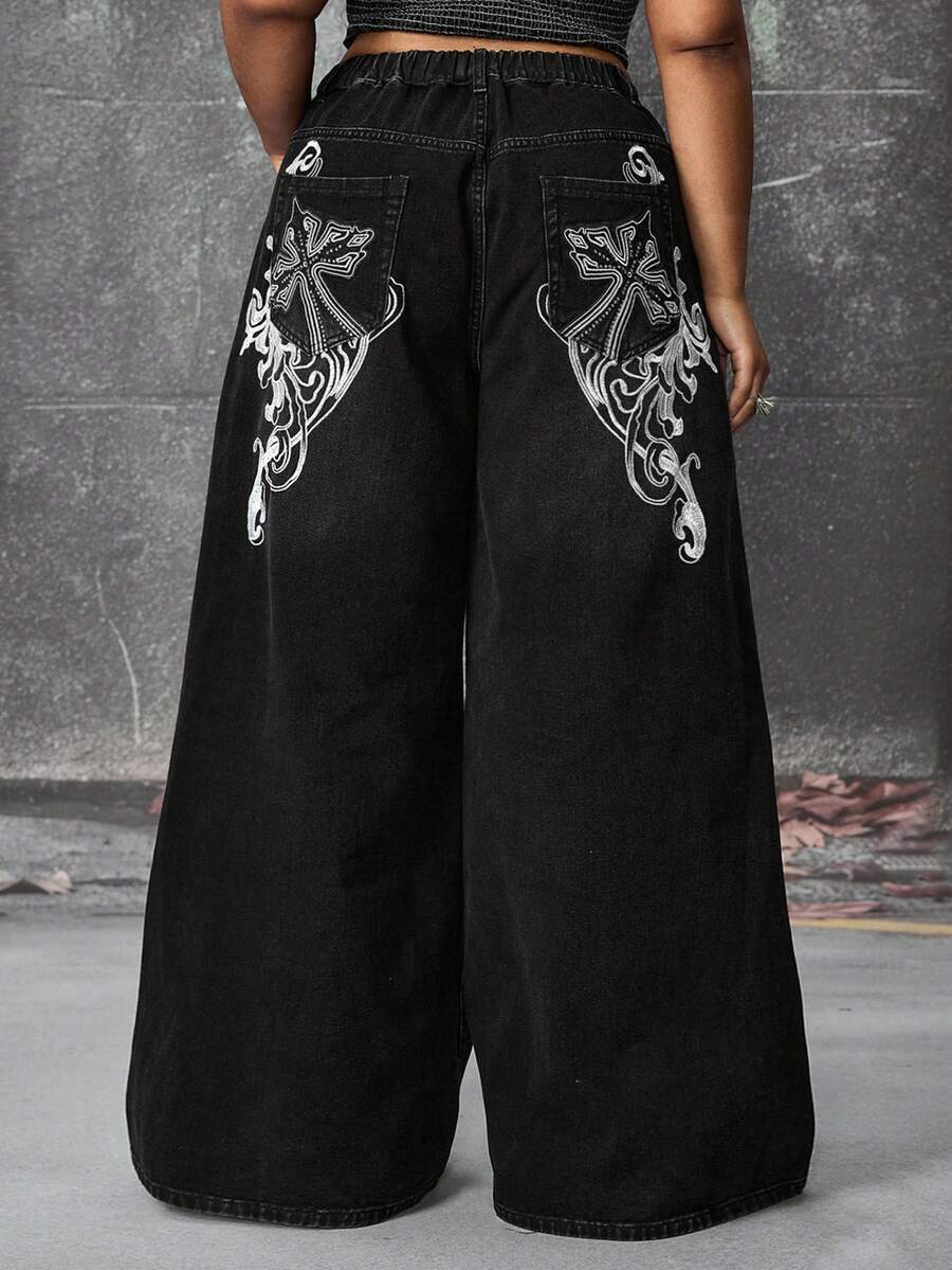 ROMWE Grunge Punk Jeans rectos de talla grande para mujer, extra largos, con lavado desgastado, estampado de cruz y vid, estilo punk - Negro - Ver 1