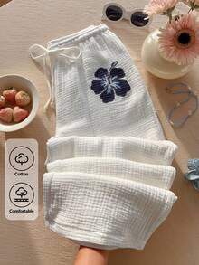 Comfortcana 女士印花系带腰部阔腿宽松裤 - 白色 - 查看 7