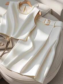 GlowEve Conjunto de 2 piezas de blusa sin mangas de cuello redondo blanca con perlas falsas y falda evasé con cinturón ajustable, adecuado para salidas diarias de verano, vacaciones, playa, carnaval 2026, atuendo minimalista para oficina y transporte - Blanco - Ver 1