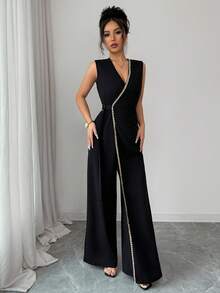 SHEIN Elenzya Elegant Black Sleeveless V-Neck Fitted Waist Jumpsuit, Suitable For Commuting, Travel, Party, Minimalist Design - Black - View 3