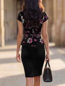 EMERY ROSE Floral Print Round Neck Short Sleeve Ruched Fitted Mini Dress For Women High Quality Women Clothes - Multicolor - View 2