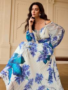ZEYLAH WOMEN'S FLORAL PRINT COLD SHOULDER LANTERN SLEEVE PLEATED DRESS - Blue and White - View 2