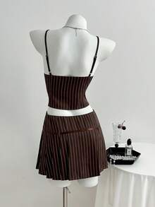 Flirla Women's Summer Two-Piece Set: Color-Block Crop Top With Stripe Tie Detail & Matching Strappy Pleated Skirt, Casual Style. - Brown - View 2