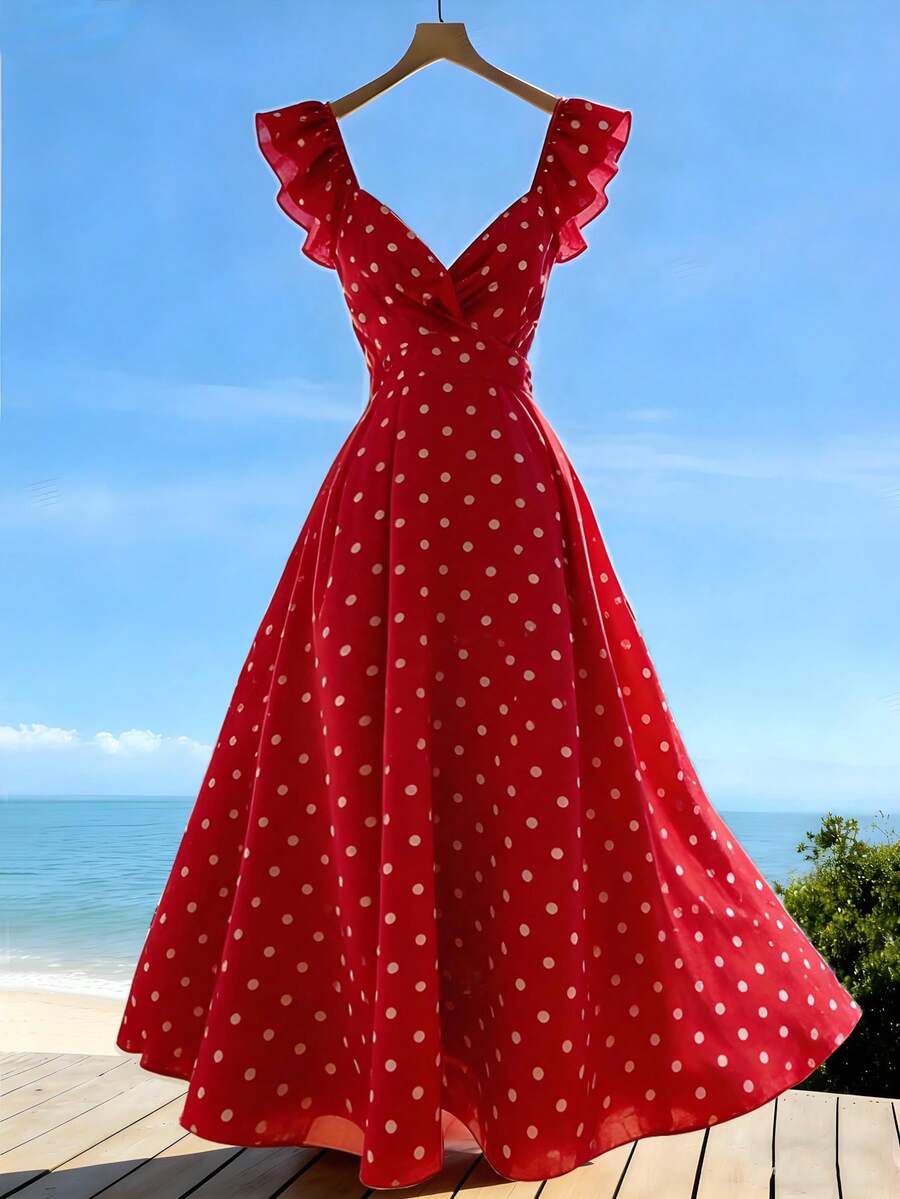 Franclia Women's Polka Dot Print Sleeveless Dress, Casual Holiday Style,French-Style Floral Print Women's Dress,Spring/Summer, Women's Long Skirts,Red Dresses For Women, Floral Dresses For Women, Women's Polka Dot Dress,Women's Ruffle Dress,Women's Ruffle Skirt,Women's Square Neck Backless Tie-Up Dress, Women's Slip Dress, Women's Elegant Dress, Women's Vacation Dress, Women's Beach Dress,Women's Holiday Dress,Women's Summer Dress,Women's Casual Dress,Birthday Dresses For Women,Beach Outfits For Women ,Elegant Dresses For Party ,Summer Holiday Outfits,Summer Clothes,Women's Long Dress,Ruffle Dress ,Ruffle Skirt , Peplum Dress Women ,Vacation Dress,Graduation Dress For Women,Beach Outfit - Red - View 1
