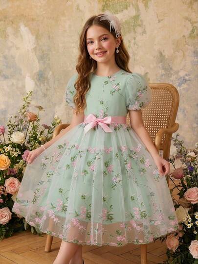 Robe de princesse en tulle avec manches à volants en maille brodée et nœud, élégante robe de demoiselle d'honneur pour mariage ou fête