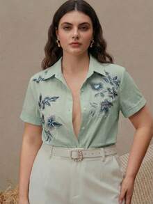 Anewsta Damen elegante Bluse mit floraler Stickerei und Kurzarm, vielseitig einsetzbar für Urlaub, moderne Mode und Pendeln - Minzgrün - Übersicht 6