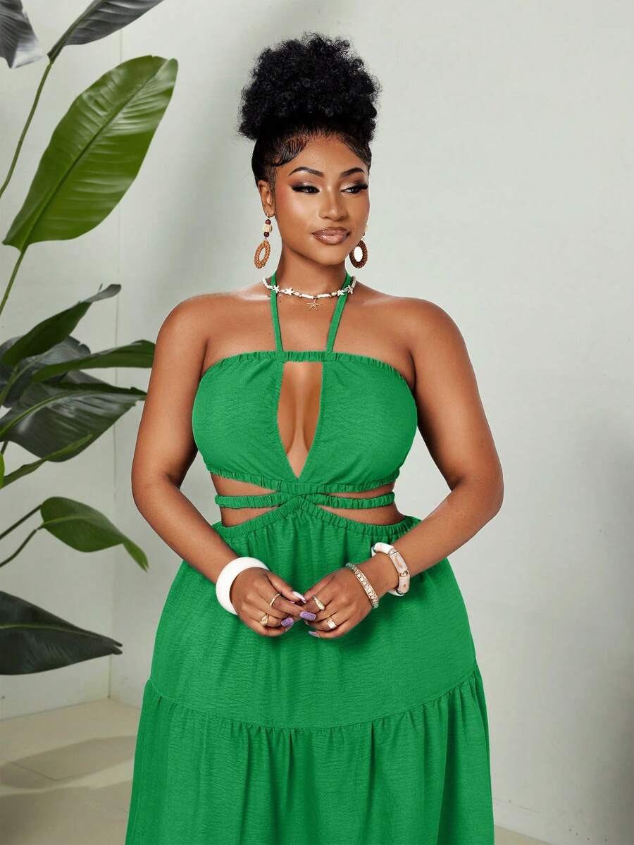Maweii Plus Size Solid Color Vacation Strapless Dress - Green - View 1