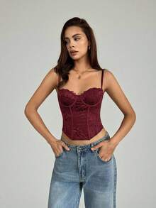 SHEIN Tall 性感蕾丝透视吊带背心，派对装扮，约会装，通勤装，可爱抹胸，性感夜店上衣，束身胸衣，无肩带上衣，外出上衣，夏季上衣，可爱上衣，女士夏季穿搭，蕾丝上衣，束身胸衣，秋冬叠穿 - 酒紅色 - 查看 3