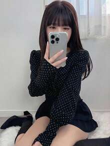 FRIFUL Áo thun dài tay nữ họa tiết chấm bi, thích hợp cho mùa xuân và thu hè. - màu đen - Xem 6