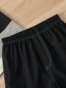 SHEIN 男童条纹无袖 Polo 衫，配纽扣半开襟针织背心和松紧腰休闲短裤套装，夏季 - 黑與白 - 查看 6