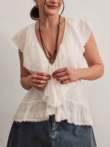Freevana Bohemian Style White Lace Sleeveless Blouse, V-Neck Drawstring Ruffle Hem Tassel Shirt, Relaxed Loose Flattering Niche Design Top - White - View 5