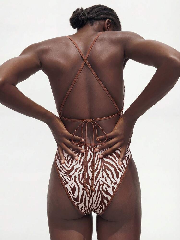 SHEIN Maija Women's Casual Beach Vacation Zebra Print One-Piece Swimsuit Animal Print Swimsuit One Piece Swimsuit Zebra Print Swimsuit Brown Swimsuit Women Sexy One Piece Swim Animal Print Swimwear Women's Swimsuit Women's One Piece Swimsuit Full Coverage Swimsuit One Piece Swimsuit Women