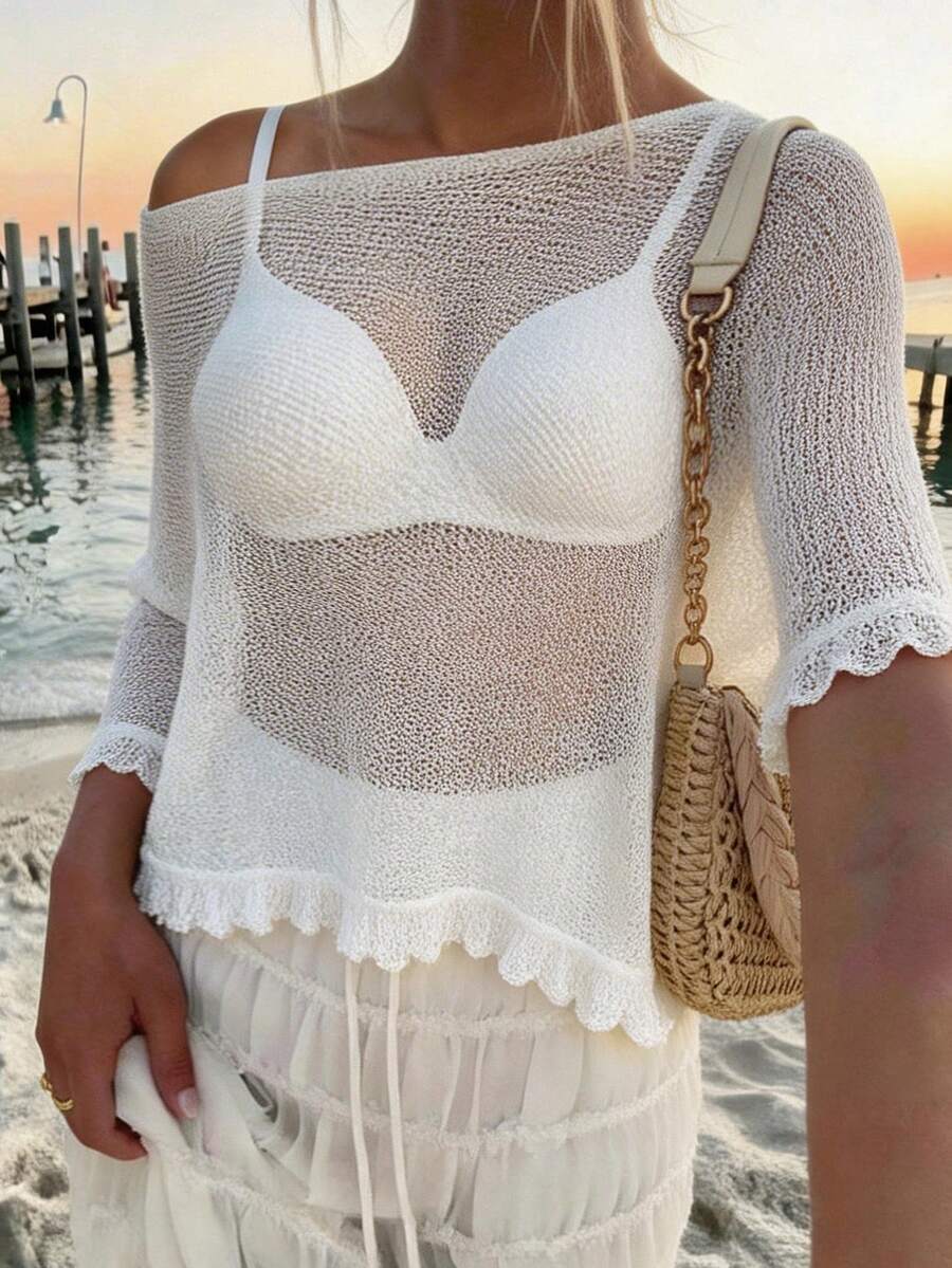 Firerie Plus Size Casual White Summer Boho Silky Beach Holiday Asymmetric Sheer Knit Top,See Through Mesh Off Shoulder Tops For Women Vacation Fall/Winter - Apricot - View 1