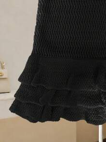 Franclia 女士休闲无袖圆领针织迷你连衣裙，荷叶边下摆，米色，适合春夏穿着 - 黑色 - 查看 5