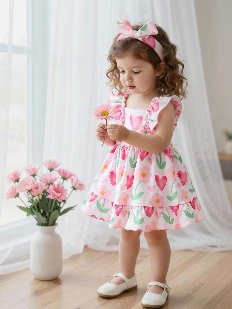 SHEIN Playful Pals 女婴夏季编织吊带连衣裙,通体粉色,饰以可爱的花朵和爱心印花图案,清新自然。连衣裙肩部采用弹性荷叶边设计,完美展现夏日风情,优雅活泼又不失可爱气质。A字廓形,轻盈面料,适合假日派对、花童、观光、拍照等各种场合。 - 彩色 - 查看 1