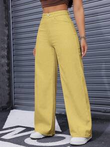 Rivivi 大码女式纯色极简夏季牛仔裤 - 黃色 - 查看 3