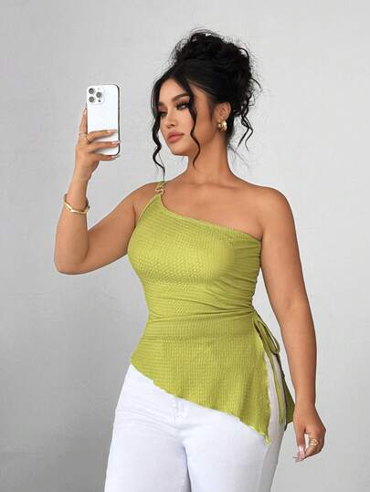 Elenzga 2026 大码女式单肩金属装饰荷叶边下摆抽绳开衩下摆派对上衣