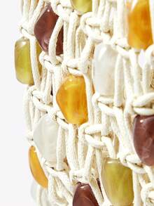 Viva Strut 女士单肩包、流浪包、钩针编织包，饰有流苏和串珠，时尚、优雅、简约、个性化、百搭，适合海滩、度假、假日、夏季、海边、沙滩派对等场合 - 米白色 - 查看 7