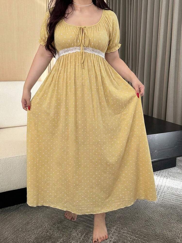 Dazy Plus Elegant Ditsy Floral Scoop Neck Tie-Up Contrast Lace Cinched Waist Long Nightgown With Short Sleeves