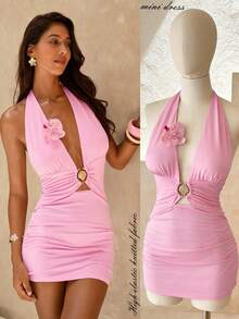 SHEIN Glamour Women's Pink Elastic Knit Halter Backless Mini Dress With Metal Buckle, Sexy Vacation Party Fashion Versatile Dress, Women's Pink Knit Mini Dress, Halter Neck Mini Dress Pink Bodycon Dress Pink Mini Dress Pink Sexy Dress Pink Halter Bodycon Mini Dress Easter Party Pink Dress Coachella Festival Mini Dress Halter Neck Ruched Dress Vacation Bodycon Dress Spring Break Outfit Easter Brunch Glam Dress Coachella Festival Wear Beach Vacation Party Dress Bachelorette Party Pink Dress Date Night Sexy Dres - Pink - View 4