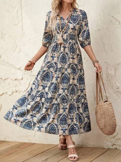 EMERY ROSE 女士 V 领休闲中长款开衩下摆拼接连衣裙，春夏