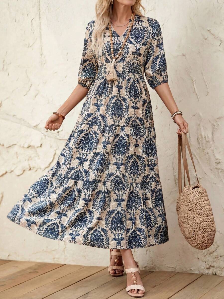 EMERY ROSE 女士 V 领休闲中长款开衩下摆拼接连衣裙，春夏 - 彩色 - 查看 1