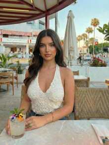 Aloruh 优雅性感女士露背蕾丝吊带背心/华丽上衣/性感炸弹上衣/沙滩度假上衣，适合婚礼季 - 杏色 - 查看 9