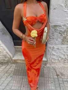 Aloruh 女士春夏新款超长连衣裙，橙色印花，两穿式摆裙，优雅性感，饰以奢华3D立体花卉图案，女士度假/沙滩装 - 橘色 - 查看 10