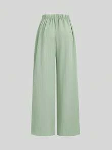 Pantalones sueltos con botones y rayas verticales texturizadas para niñas preadolescentes - Verde - Ver 2
