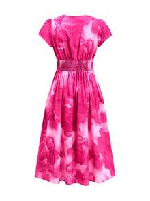 Ellevyn Vestido de mujer de longitud media con cuello en V y estampado floral elegante, adecuado para vacaciones de verano, atuendos de salida de mujer, vestidos de verano de mujer, atuendos de verano de mujer, vestido de Pascua de mujer, vestido de primavera de mujer, ropa de vacaciones de mujer - Rosa Fucsia - Ver 2